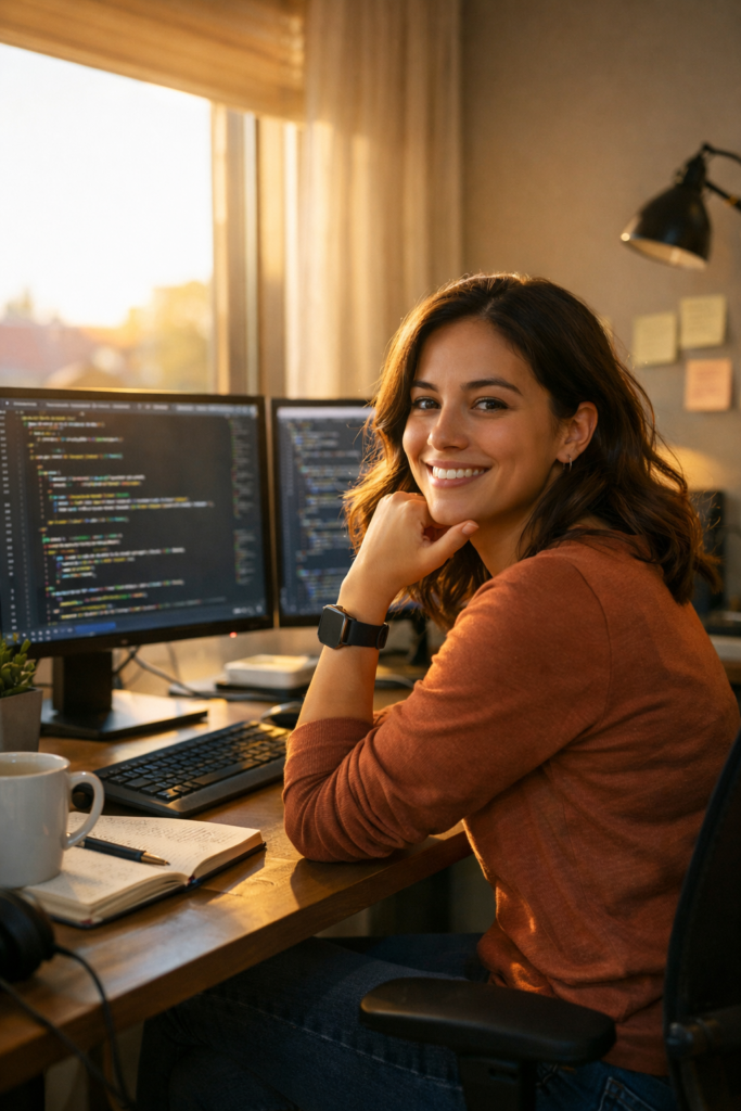 Engineer smiling at desk